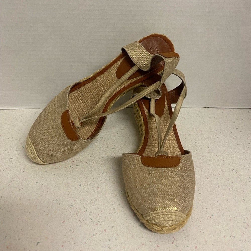 Lauren Ralph Lauren Natural Beige Linen Espadrille Wedge Sandals